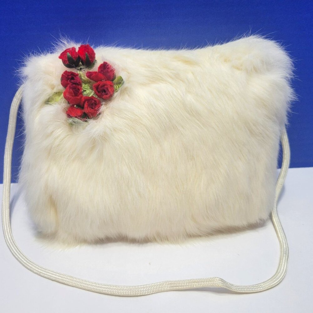 Vintage Small White Furry Muff with Red Velvet Flowers